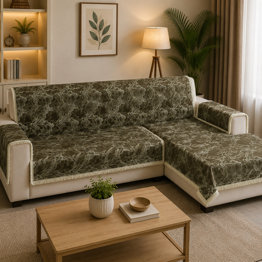 Royal Bronze & Silver Abstract Marble-Weave Sofa Cover (Bronze Brown / Dark Olive) 27 inch