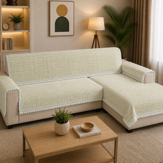 Warm Ivory Wool-Feel Ribbed Sofa Cover (Cream Ivory) 27 inch