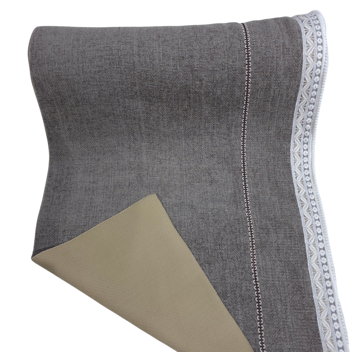 36 Inch Linen-Textured Dark Brown Sofa Cover with Embroidered Lace Border