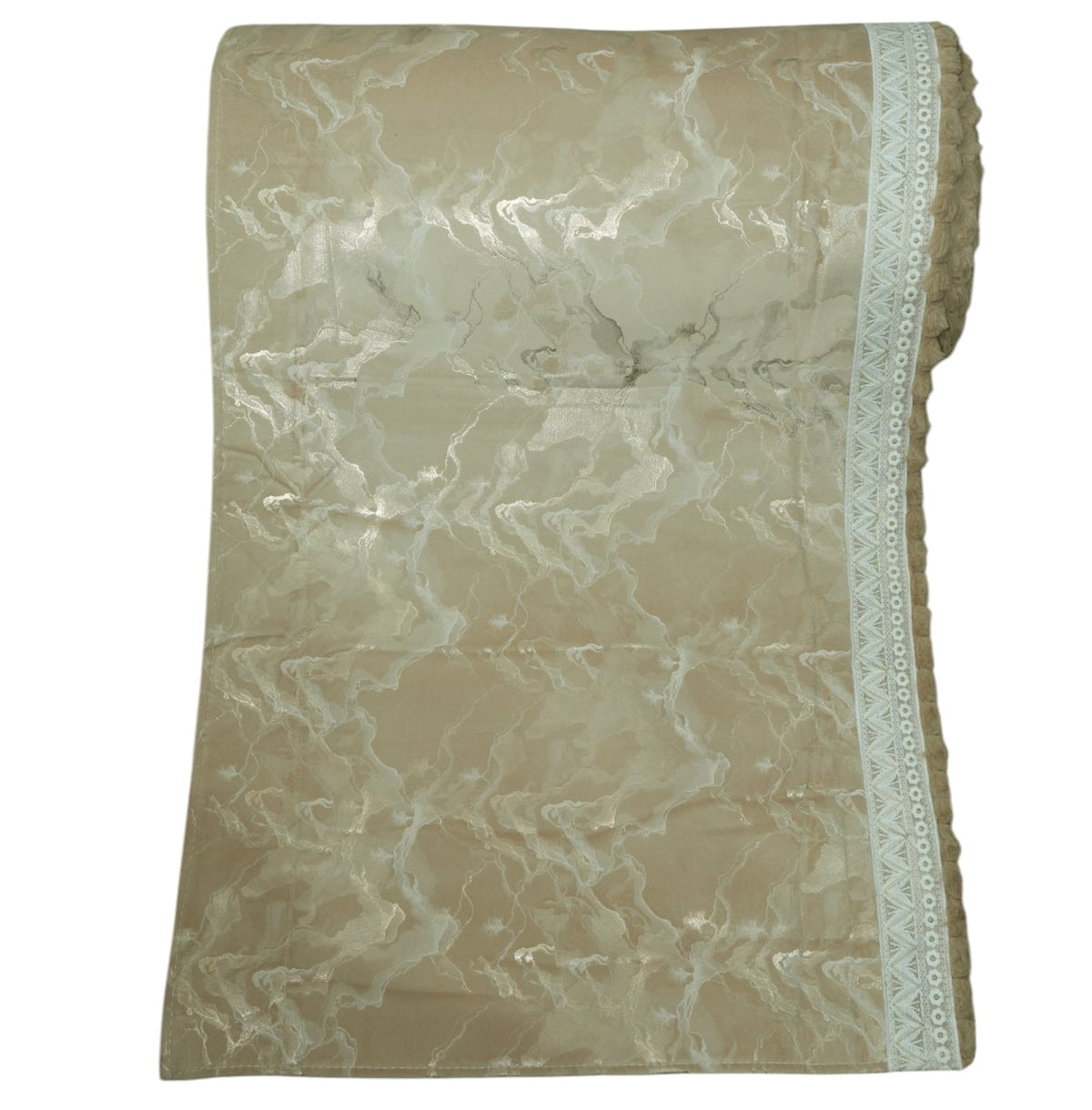 Premium Beige Marble-Textured Sofa Cover with Pom-Pom Tassel Lace (Beige) 27 inch