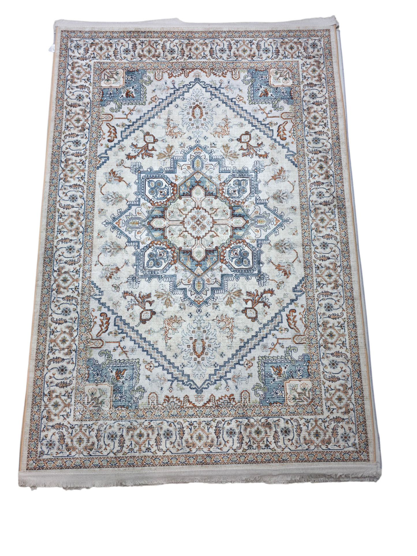 Vintage Ice Blue & Cream Medallion Carpet (5x7 Ft) – Non-Slip