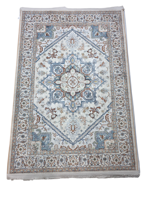 Vintage Ice Blue & Cream Medallion Carpet (5x7 Ft) – Non-Slip