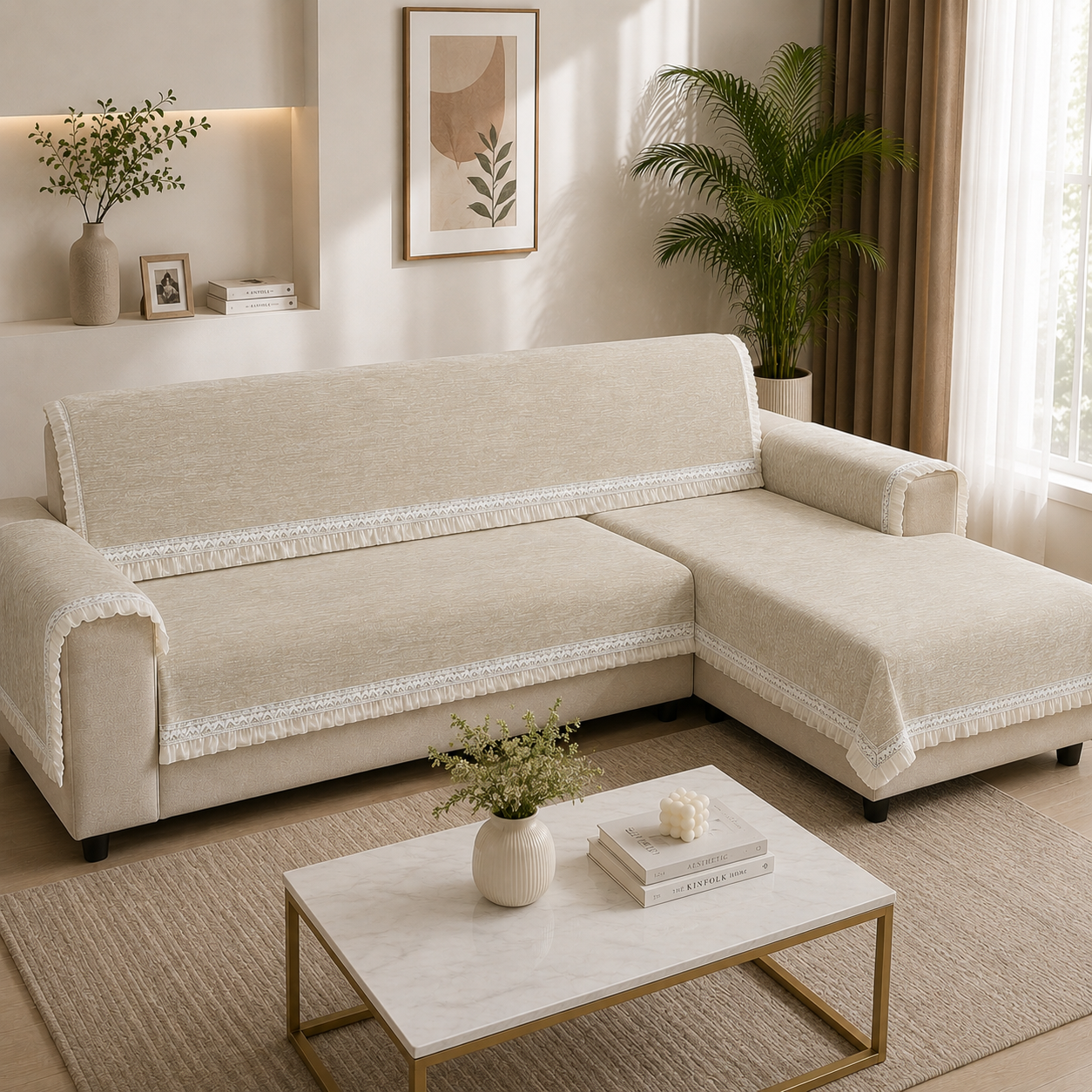 The Regal Brushed Velvet & Embroidered Lace Sofa Cover 27 Inch (Cream Beige)