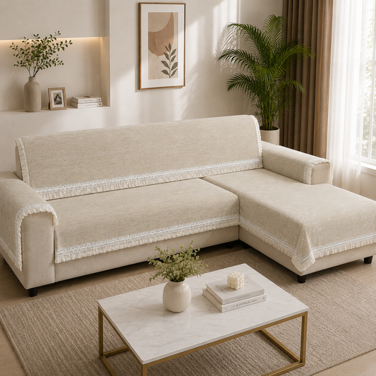 The Regal Brushed Velvet & Embroidered Lace Sofa Cover 27 Inch (Cream Beige)