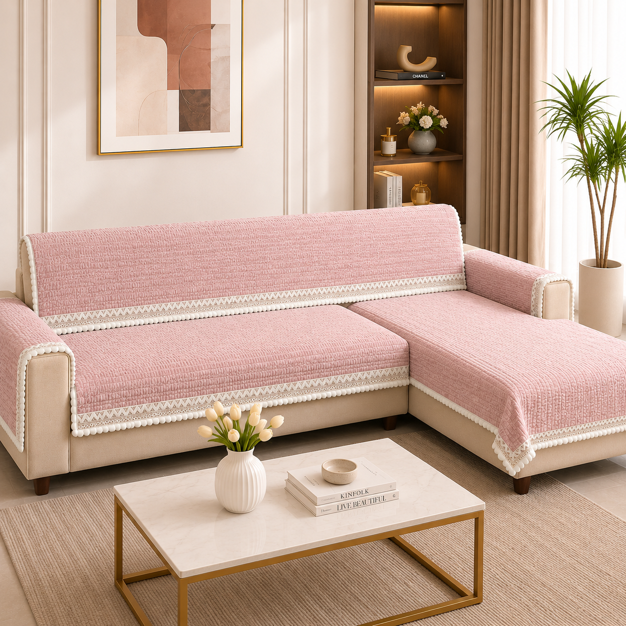 Cozy Blush Pink Wool-Feel Ribbed Sofa Cover (Blush Pink) 27 inch