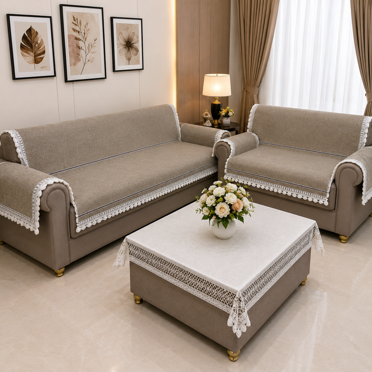 36 Inch Linen-Textured Beige Sofa Cover with Embroidered Lace Border