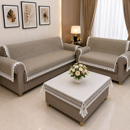 36 Inch Linen-Textured Beige Sofa Cover with Embroidered Lace Border