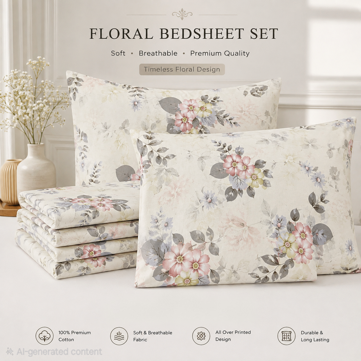 Botanical Floral Pure Cotton King Bedsheet (120x120 in)