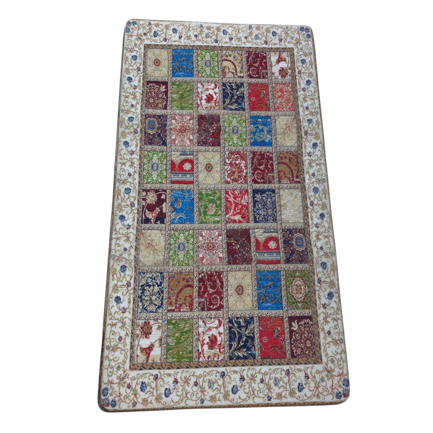 Multicolor Floral Patchwork Traditional Microfiber Carpet (3x5 Feet) – Soft Velvet Fur & Anti-Skid Rubber Base