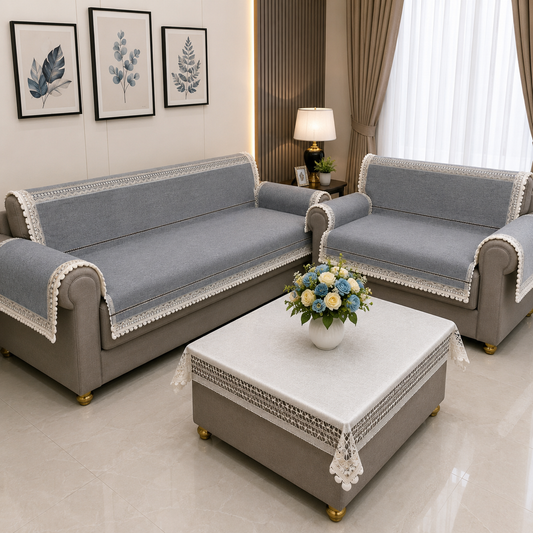 36 Inch Linen-Textured Grey Sofa Cover with Embroidered Lace Border