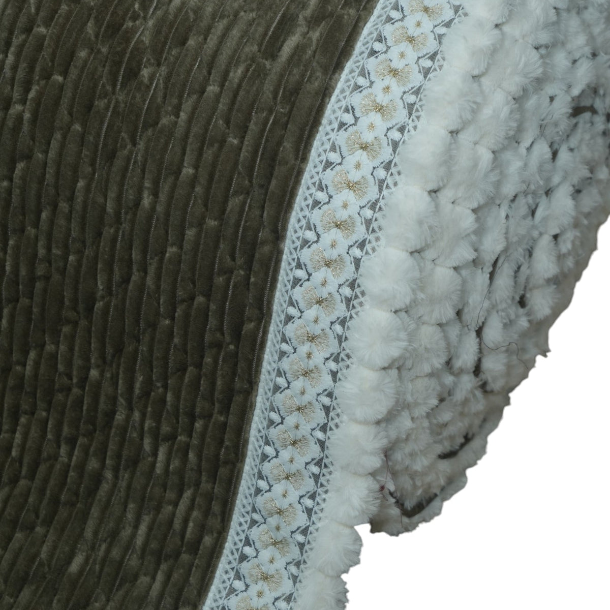 Royal Olive Green Corduroy Textured Sofa Cover with Pom-Pom Lace (Dark Olive Green) 27 inch
