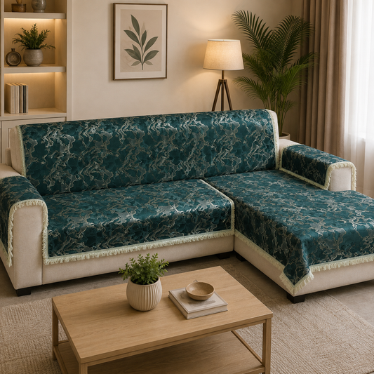 Luxury Teal & Silver Abstract Marble-Weave Sofa Cover (Teal / Turquoise) 27 inch