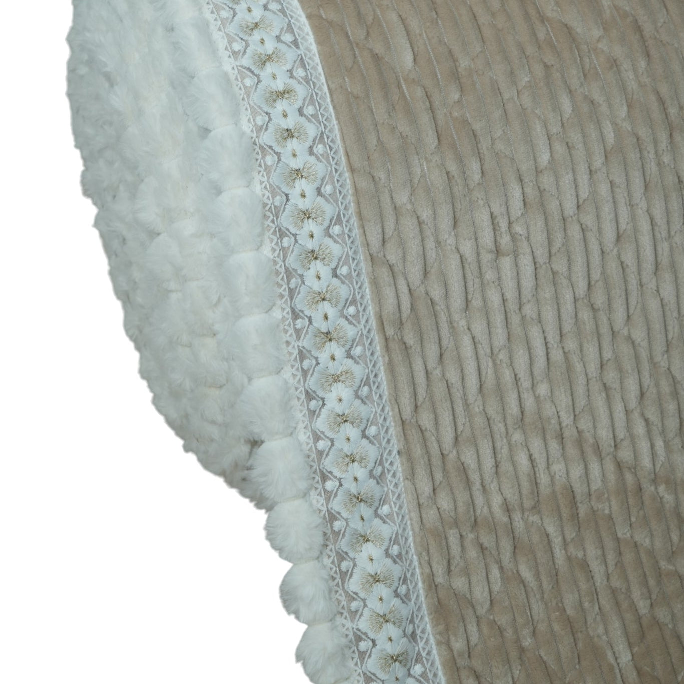 Classic Beige Corduroy Textured Sofa Cover with Pom-Pom Lace (Beige) 27 inch