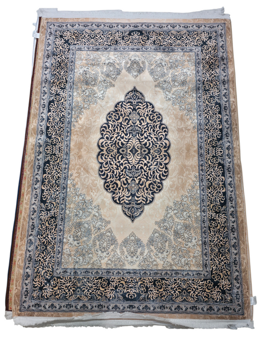 Beige & Navy Blue Medallion Persian Carpet (5x7 Ft) – Anti-Skid