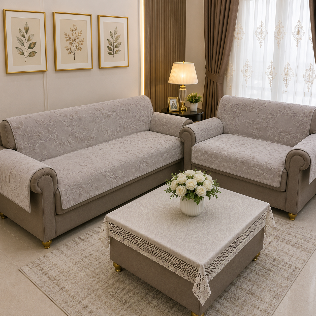 36 Inch Embossed Leaf Pattern Soft Fur Sofa Cover (Beige)