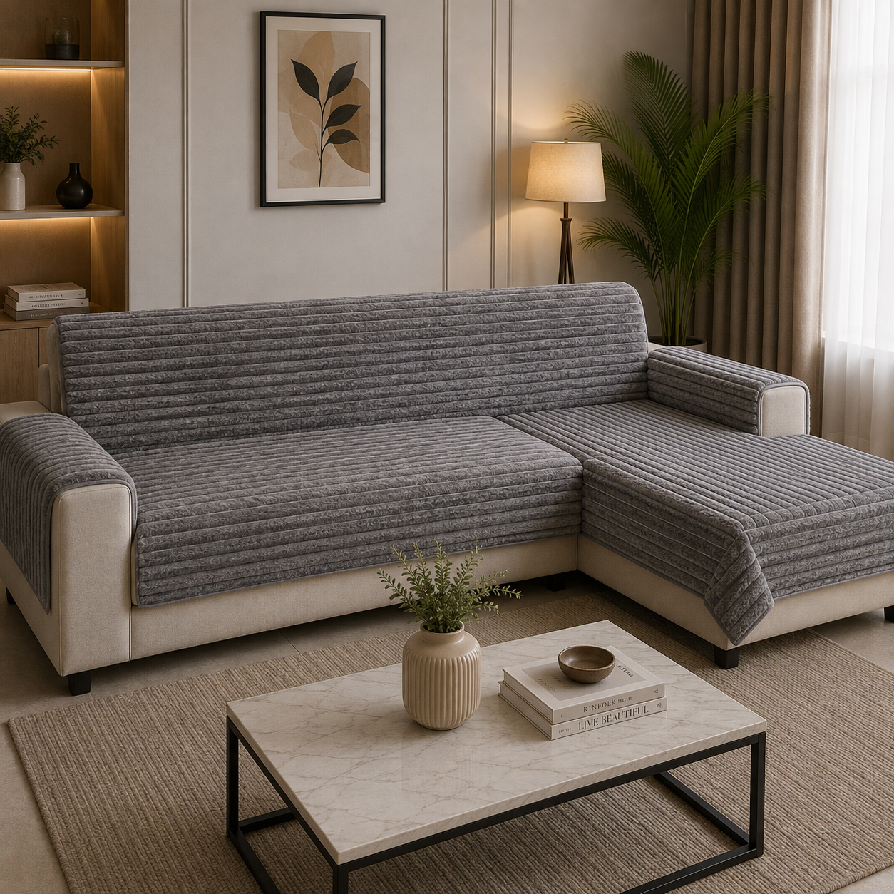 Premium Soft Fur Ribbed Anti-Skid Sofa Cover (Graphite Grey) 27 inch