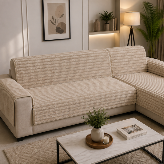 Premium Soft Fur Ribbed Anti-Skid Sofa Cover (Ivory Beige) 27 inch
