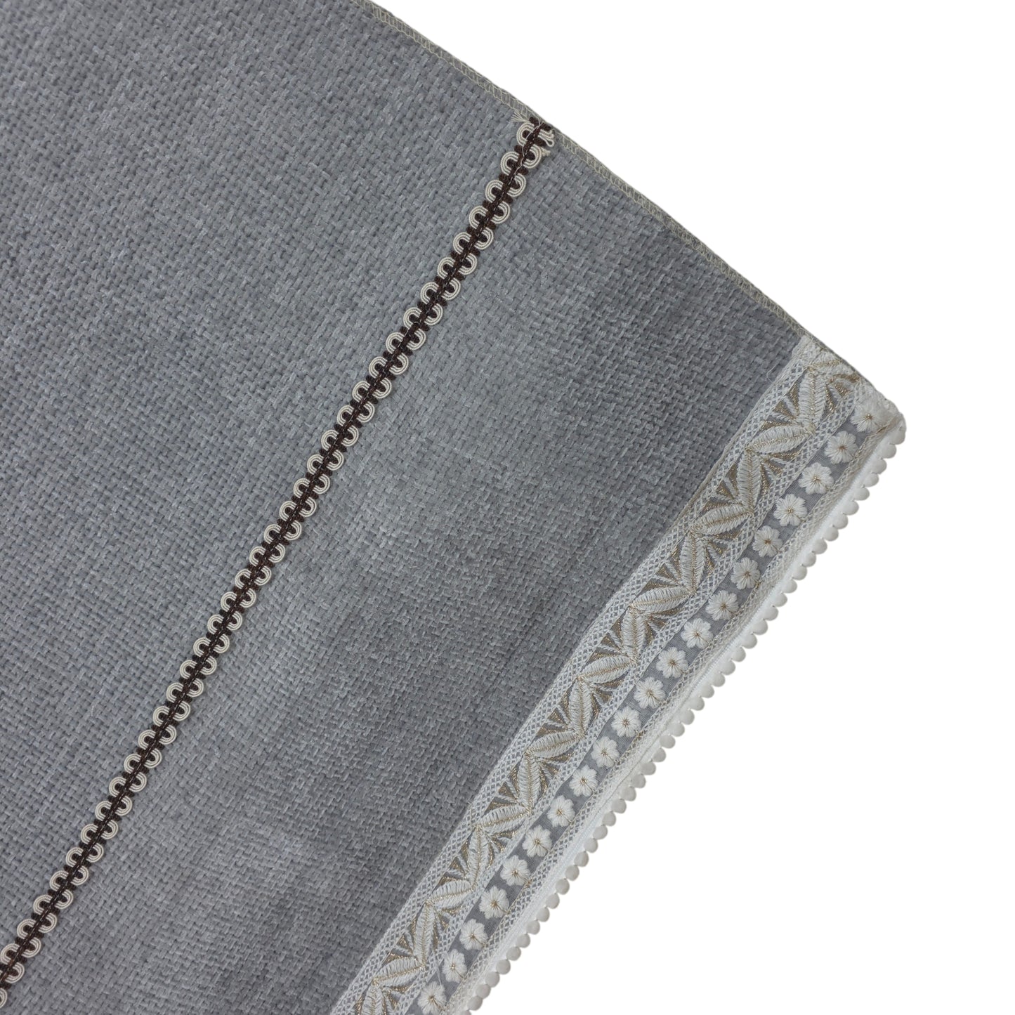 36 Inch Linen-Textured Grey Sofa Cover with Embroidered Lace Border