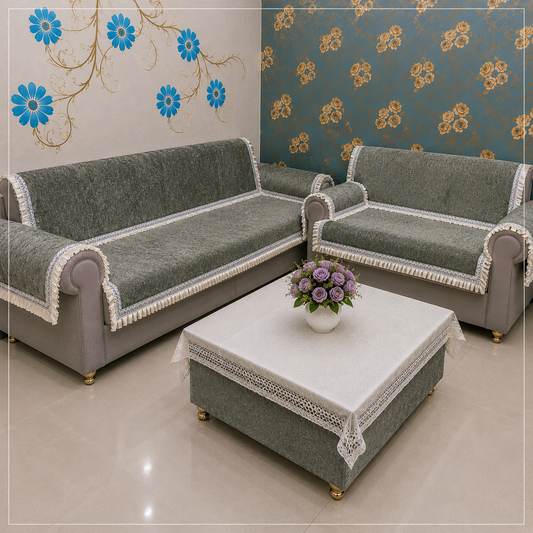 36 Inch Textured Shimmer Olive Green Sofa Cover with Embroidered Frill Border (Olive Green)