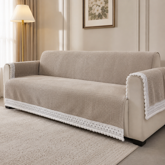 36 Inch Waffle Textured Beige Sofa Cover with Embroidered Lace Border (Beige)
