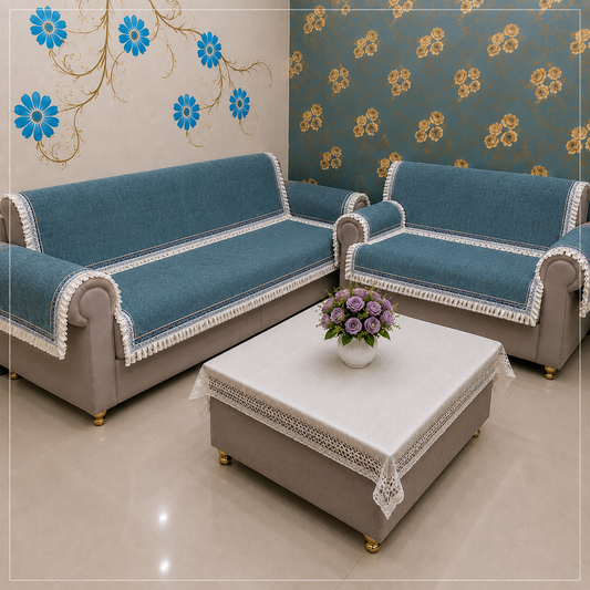 36 Inch Linen-Textured Teal Blue Sofa Cover with Embroidered Lace Border