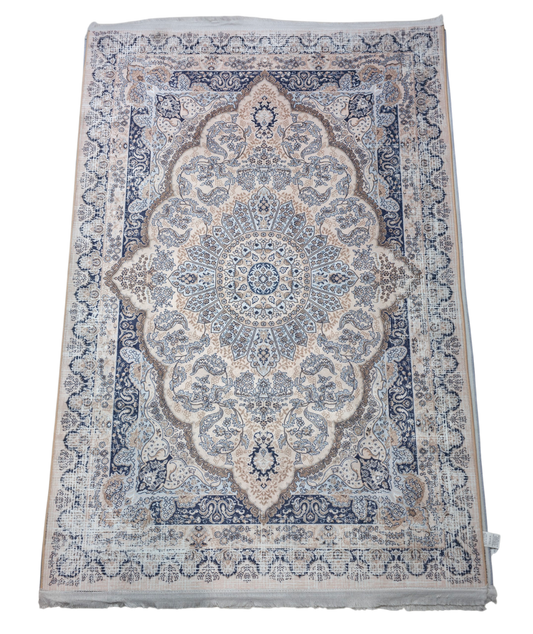 Cream & Royal Blue Intricate Medallion Carpet (5x7 Ft) – Anti-Skid