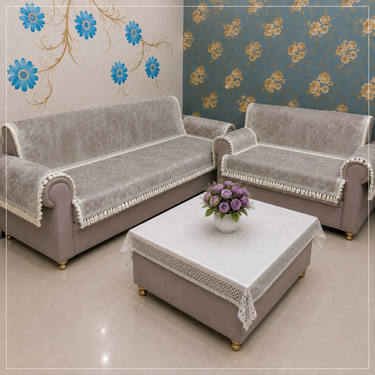 36 Inch Foil Print Marble Texture Beige Sofa Cover with Frill Border (Beige)