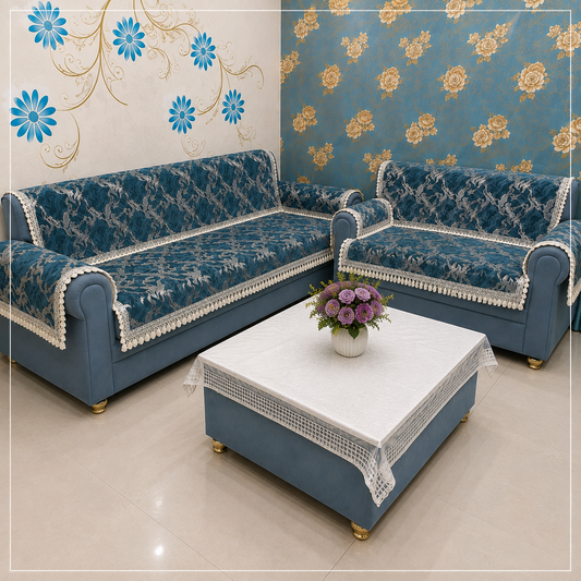 36 Inch Foil Print Marble Texture Teal Blue Sofa Cover with Frill Border (Teal Blue)