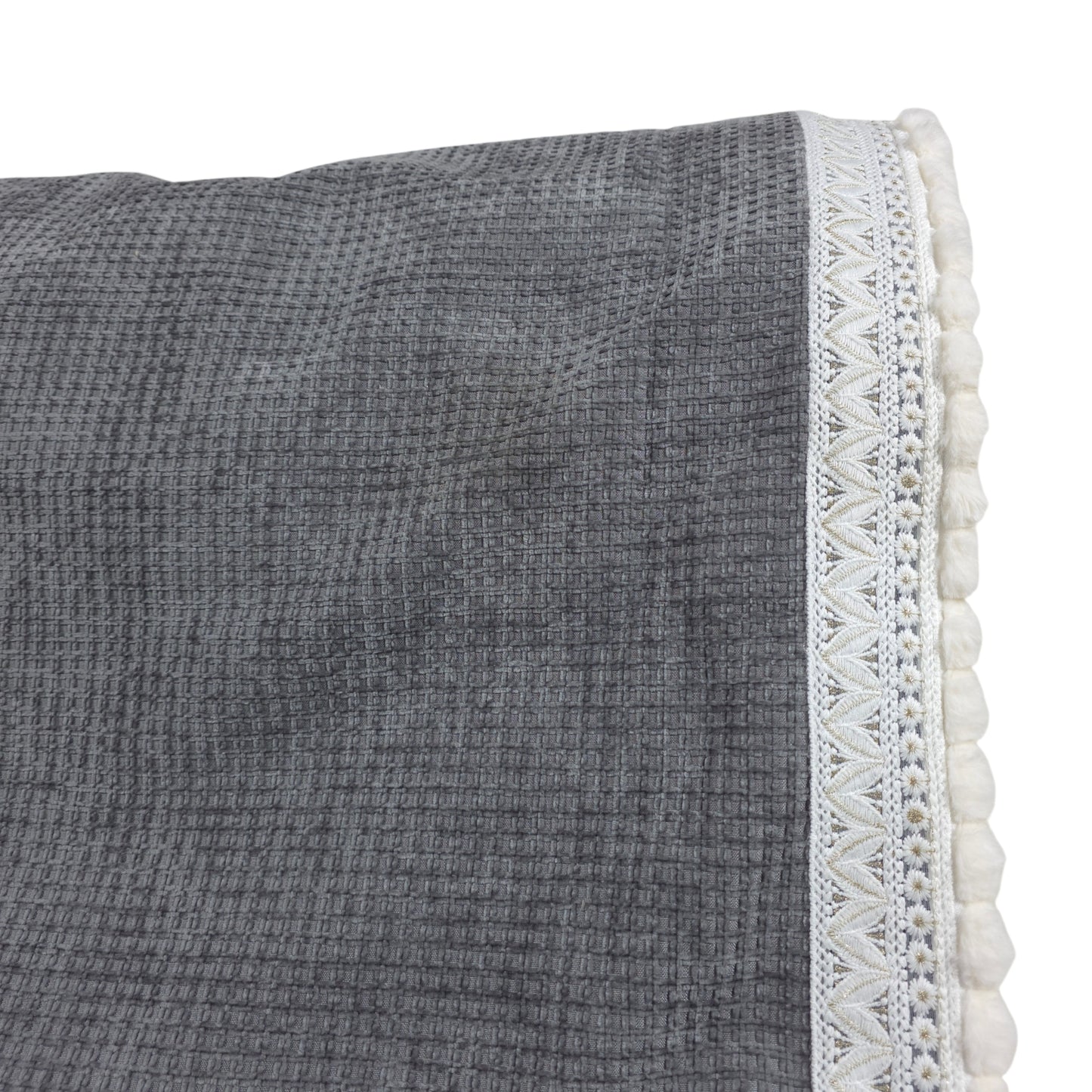 36 Inch Waffle Textured Grey Sofa Cover with Embroidered Lace Border (Grey)