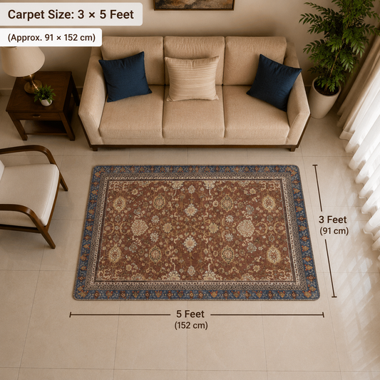 Premium Traditional Persian Style Soft Fur Anti-Skid Carpet 3×5 Feet (Rust Brown & Navy Blue)