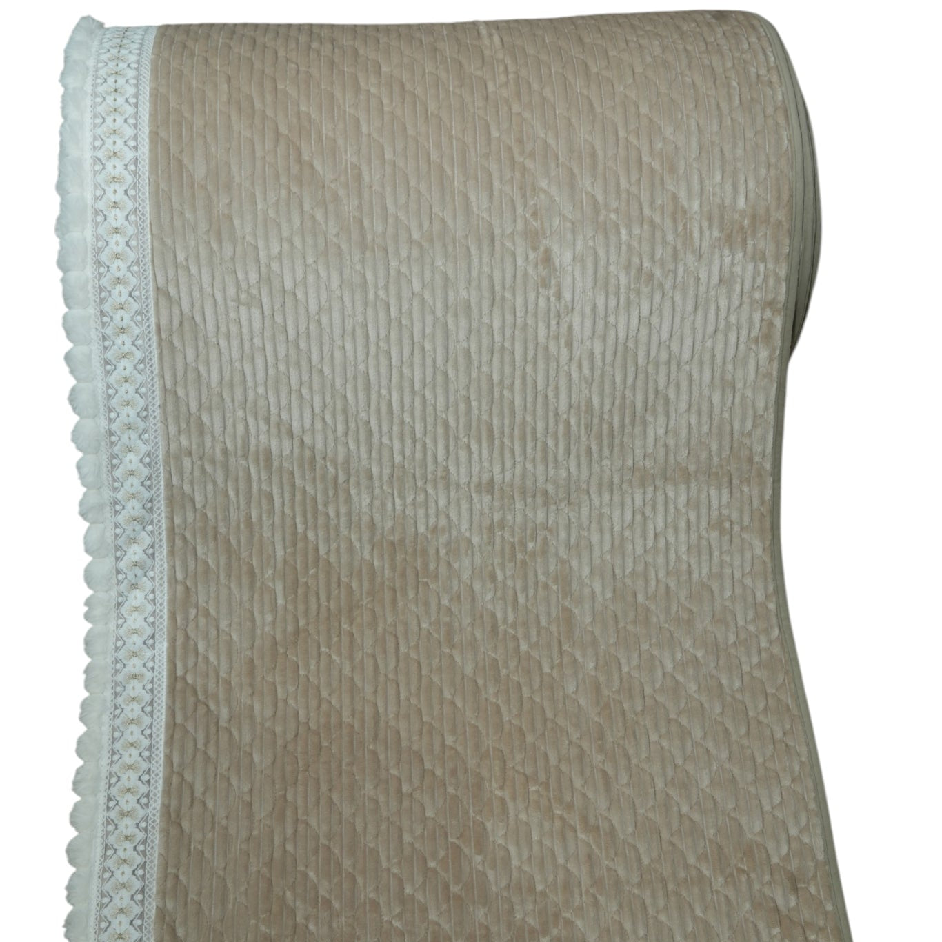 Classic Beige Corduroy Textured Sofa Cover with Pom-Pom Lace (Beige) 27 inch