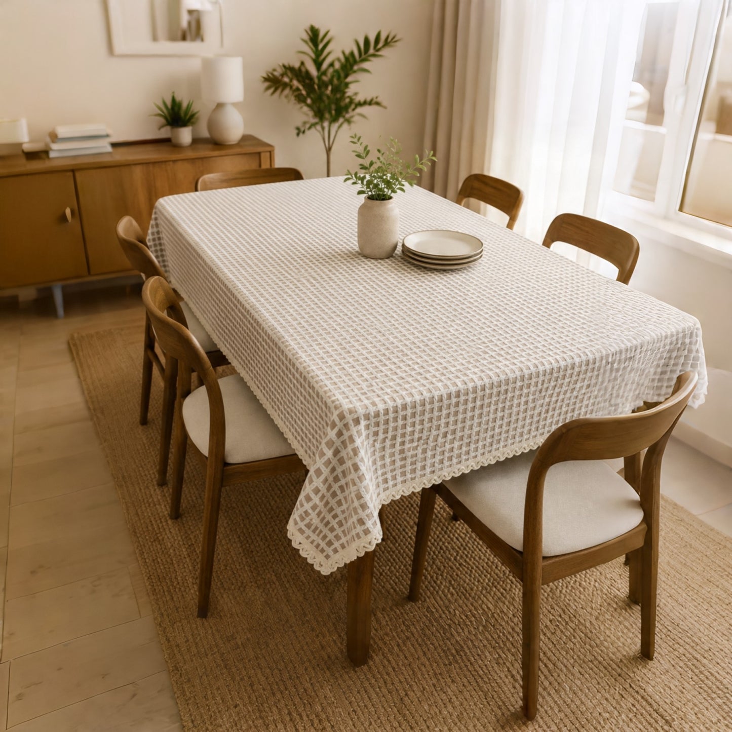 Textured Woven Grid Table Cover – Elegant Dining & Center Table Cloth (Beige & Brown)
