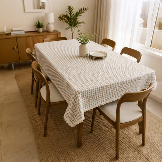 Textured Woven Grid Table Cover – Elegant Dining & Center Table Cloth (Beige & Brown)