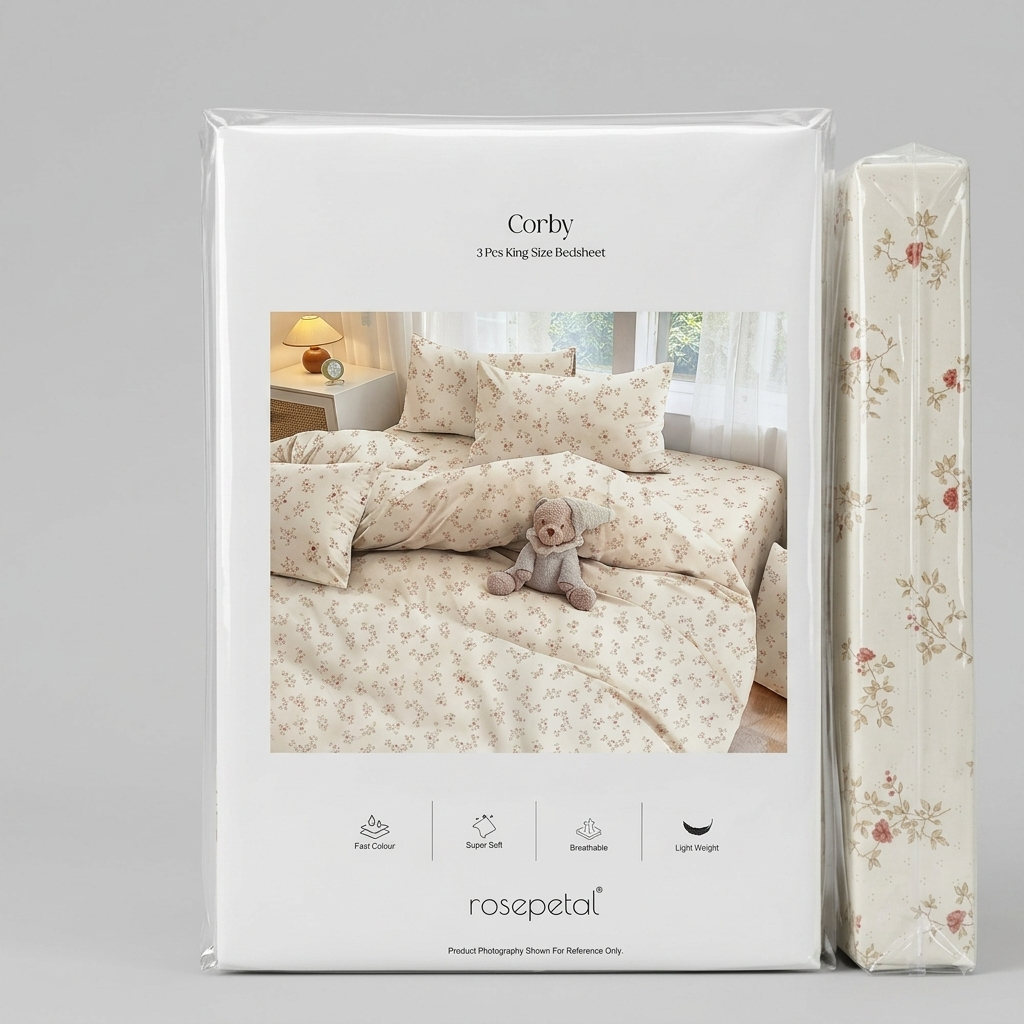Rosepetal Corby 3 Pcs King Size Bedsheet – Floral Pattern on Off-White Fabric