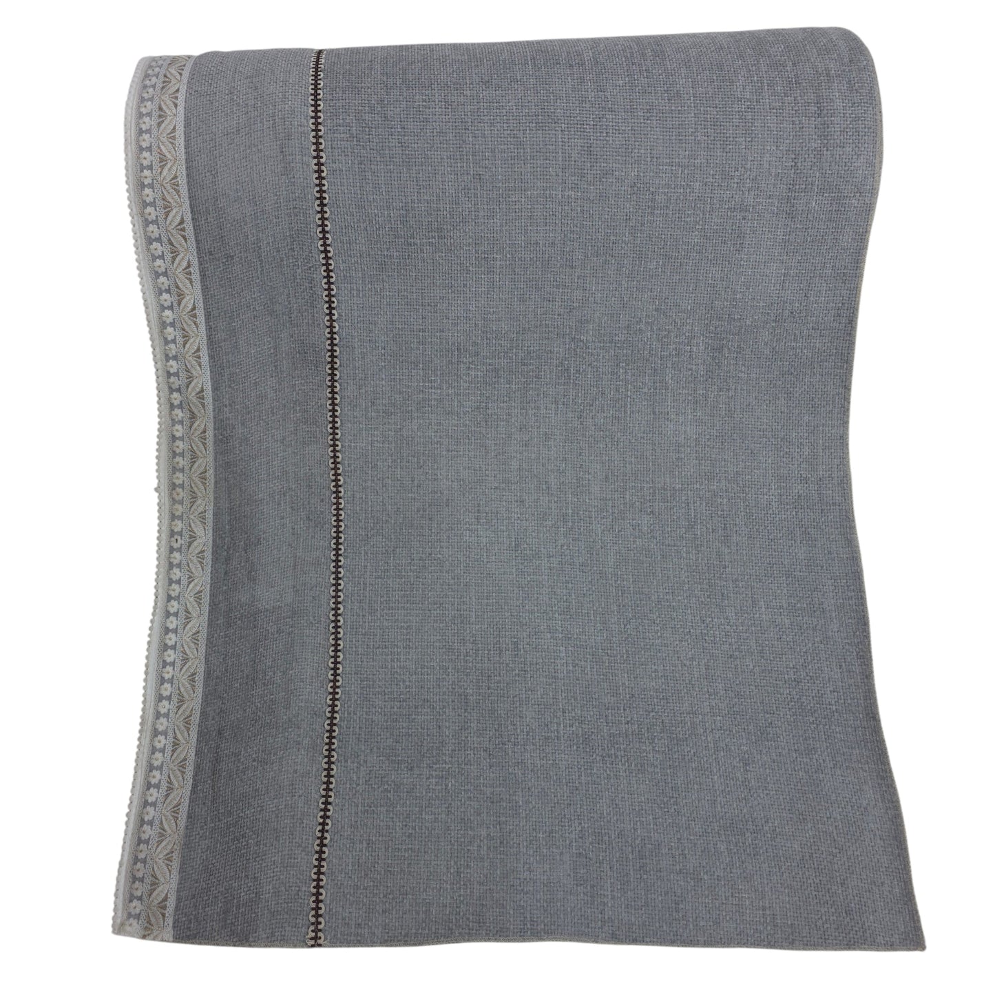 36 Inch Linen-Textured Grey Sofa Cover with Embroidered Lace Border