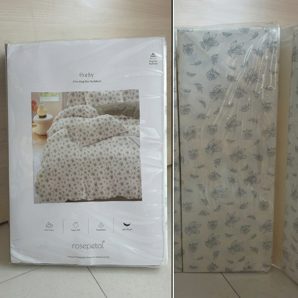 Rosepetal Corby 3 Pcs King Size Bedsheet – Floral Pattern on Off-White Fabric