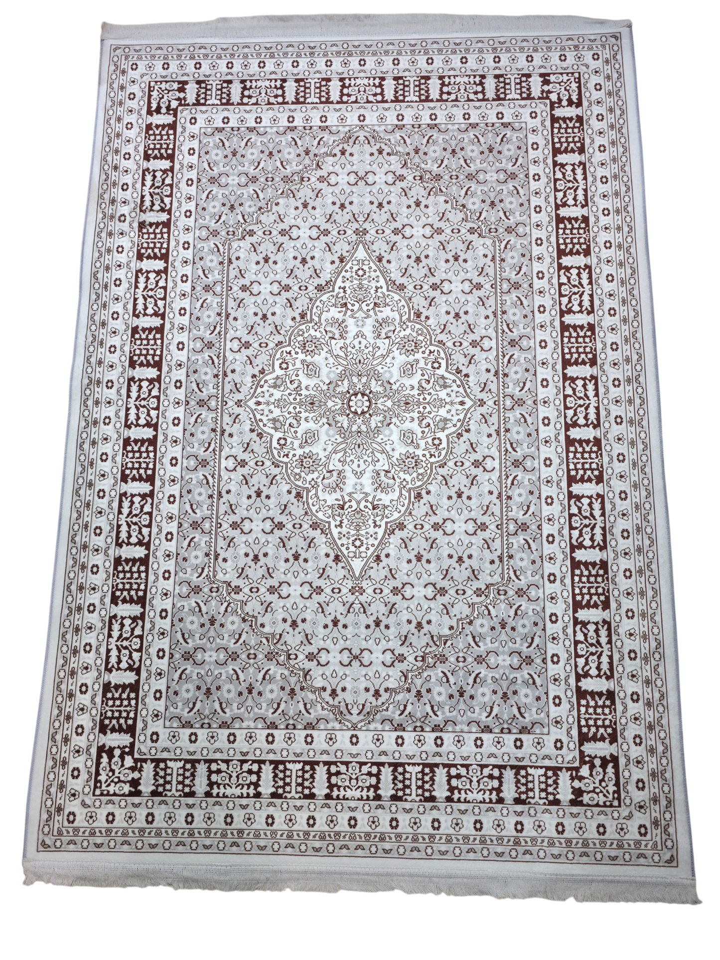 Grey & Maroon Elegant Floral Border Carpet (5x7 Ft) – Non-Slip