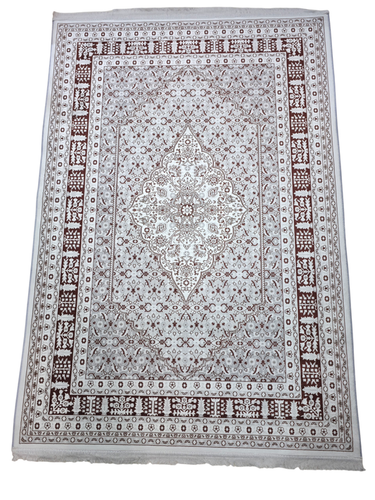 Grey & Maroon Elegant Floral Border Carpet (5x7 Ft) – Non-Slip