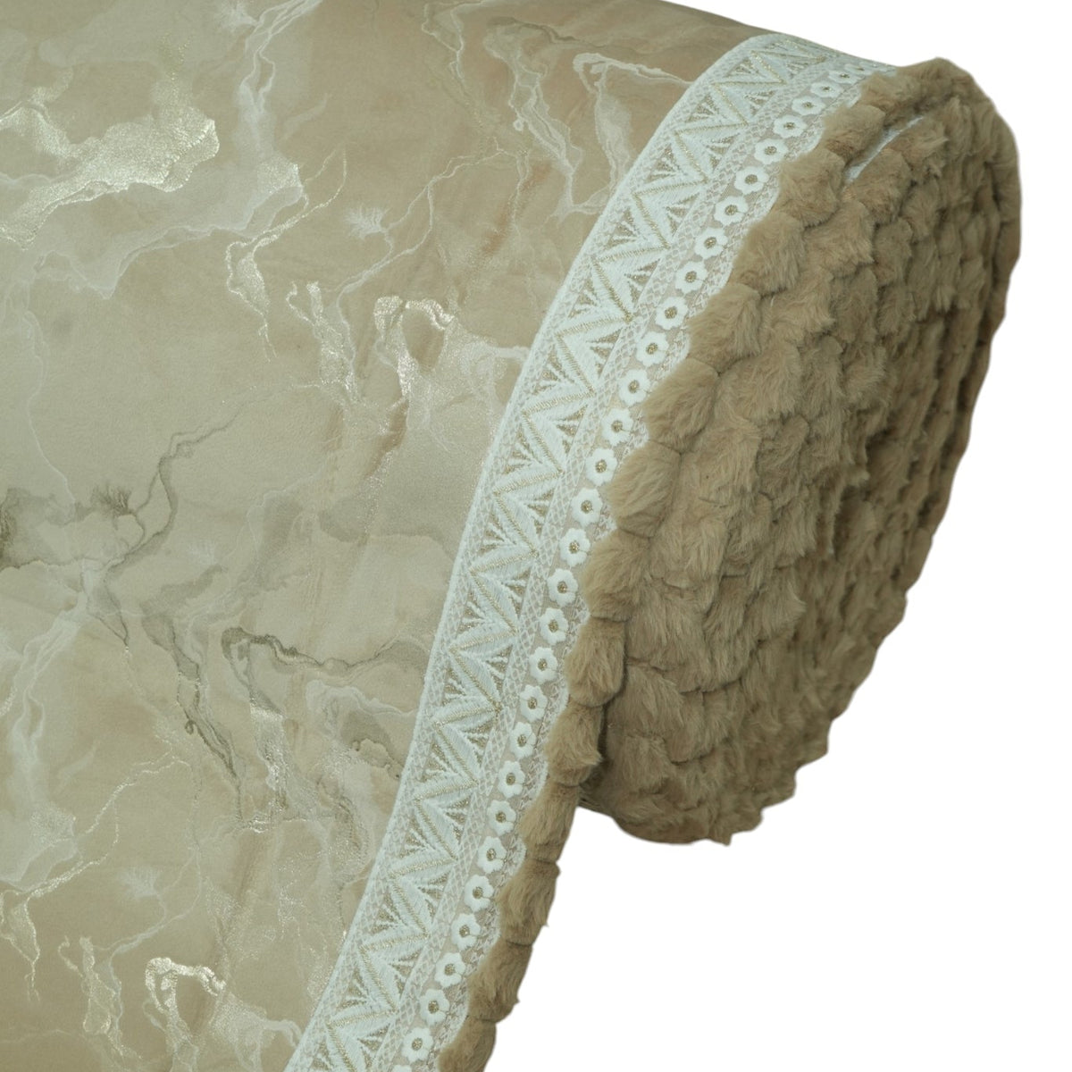 Premium Beige Marble-Textured Sofa Cover with Pom-Pom Tassel Lace (Beige) 27 inch