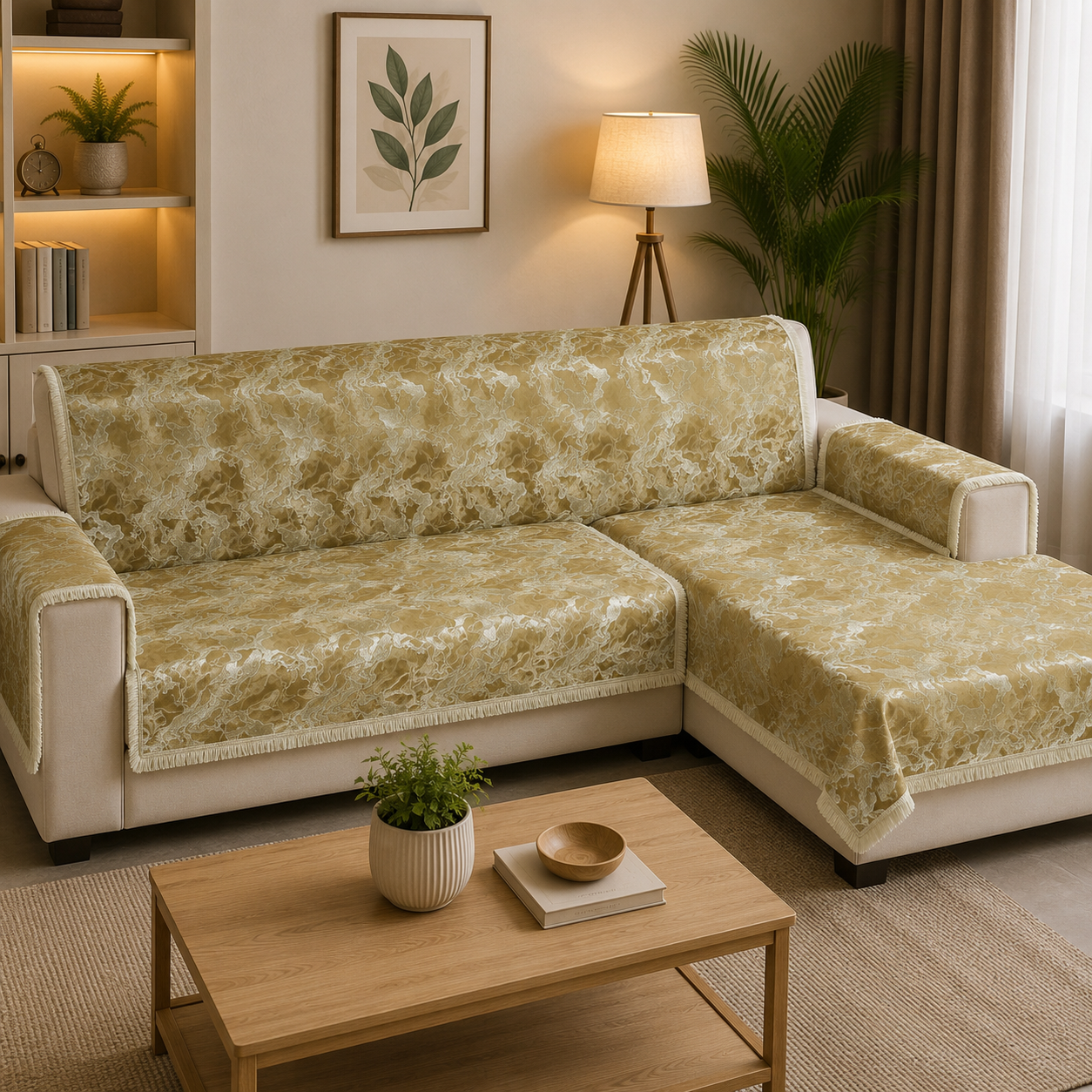 Golden Champagne & Silver Abstract Marble-Weave Sofa Cover (Champagne Gold / Mustard) 27 inch