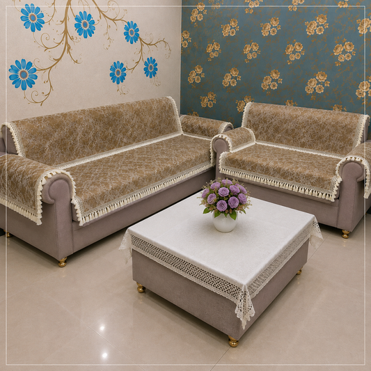 36 Inch Foil Print Marble Texture Gold Sofa Cover with Frill Border (Gold)
