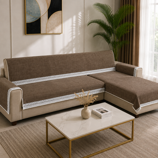 The Heritage Textured Abstract Weave & Crochet Lace Sofa Cover 27 Inch (Coffee Brown)