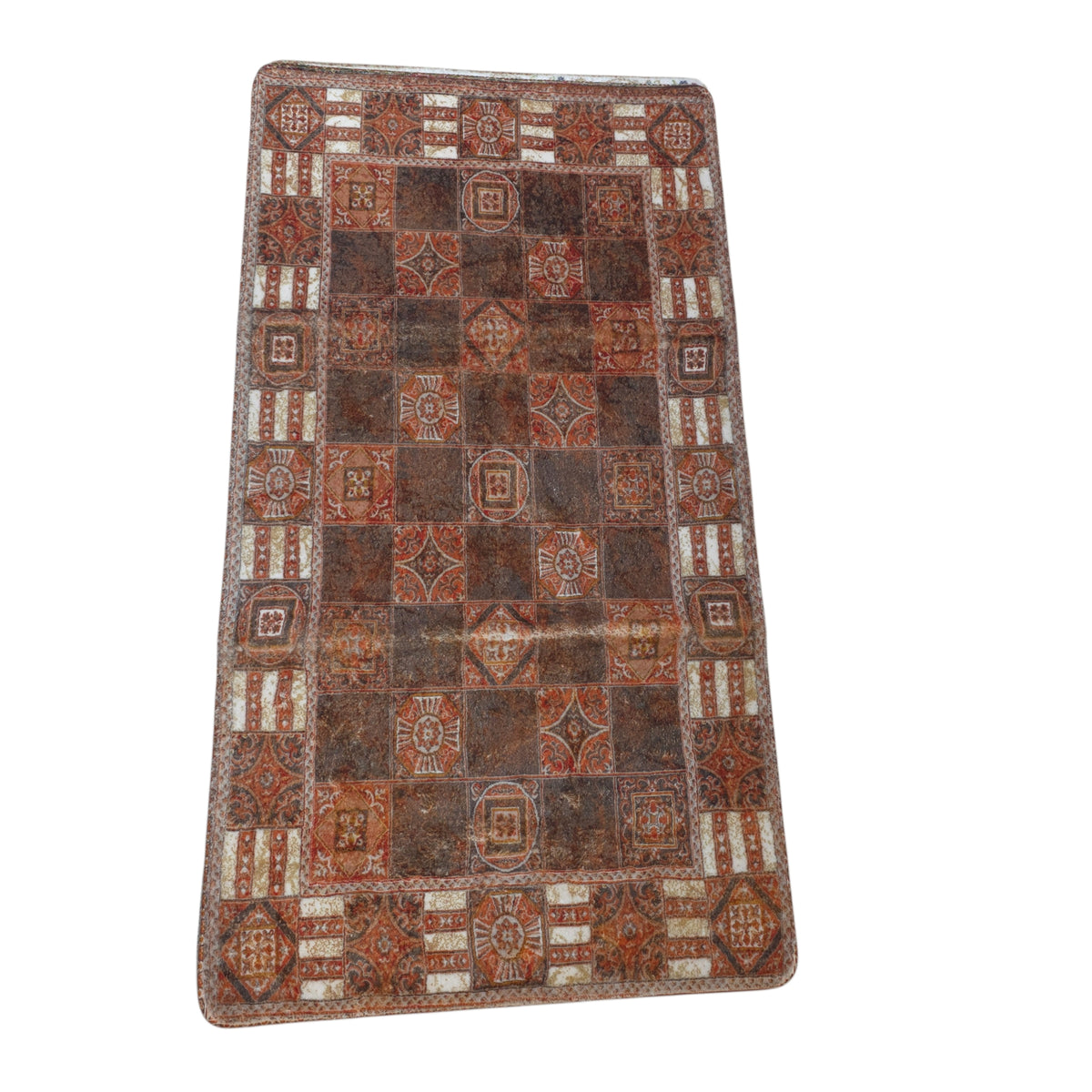 Rust Brown Geometric Checkered Tile Microfiber Carpet (3x5 Feet) – Soft Microfiber Fur & Anti-Skid Rubber Base