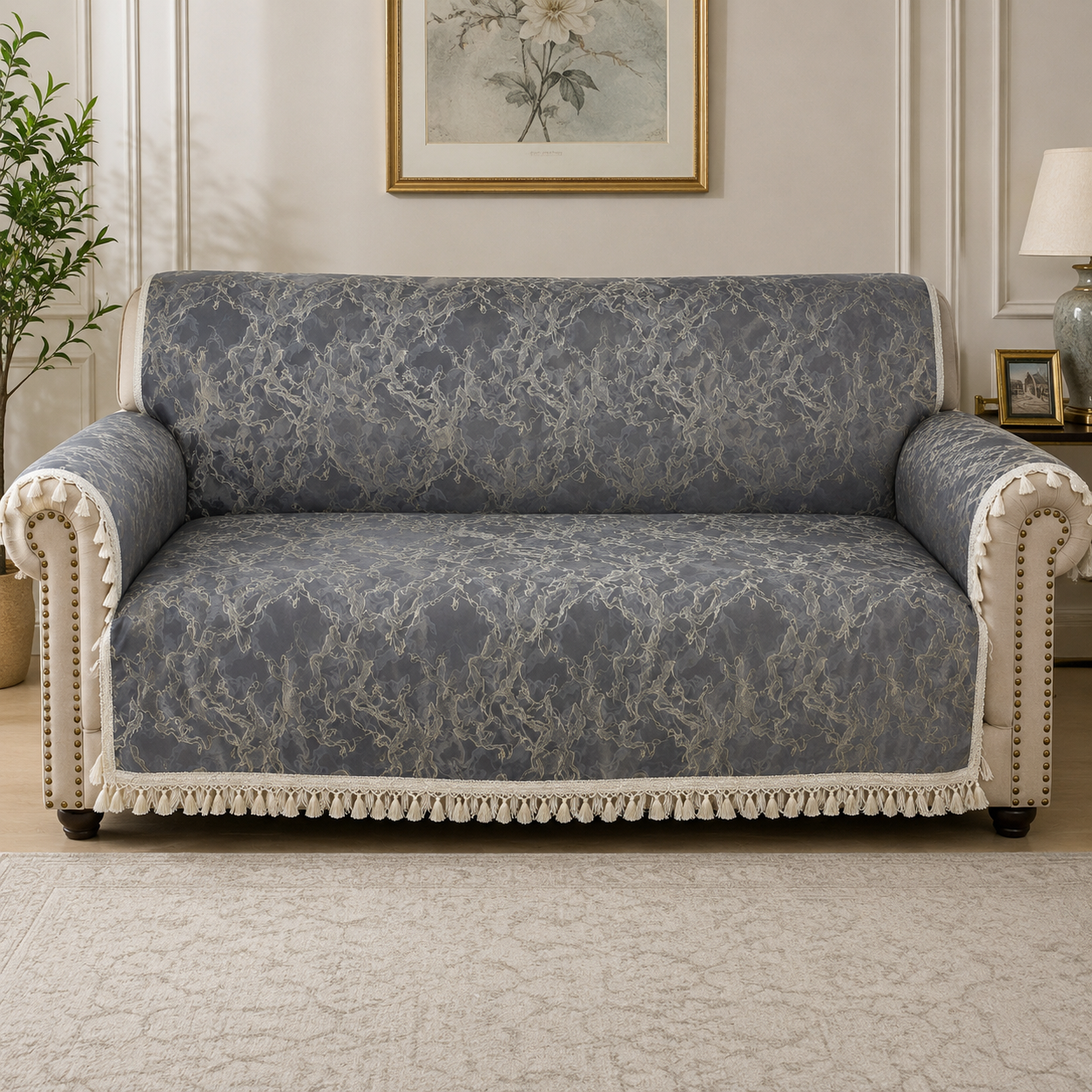 36 Inch Foil Print Marble Texture Grey Sofa Cover with Frill Border (Grey)