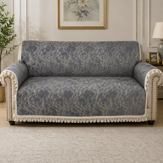 36 Inch Foil Print Marble Texture Grey Sofa Cover with Frill Border (Grey)