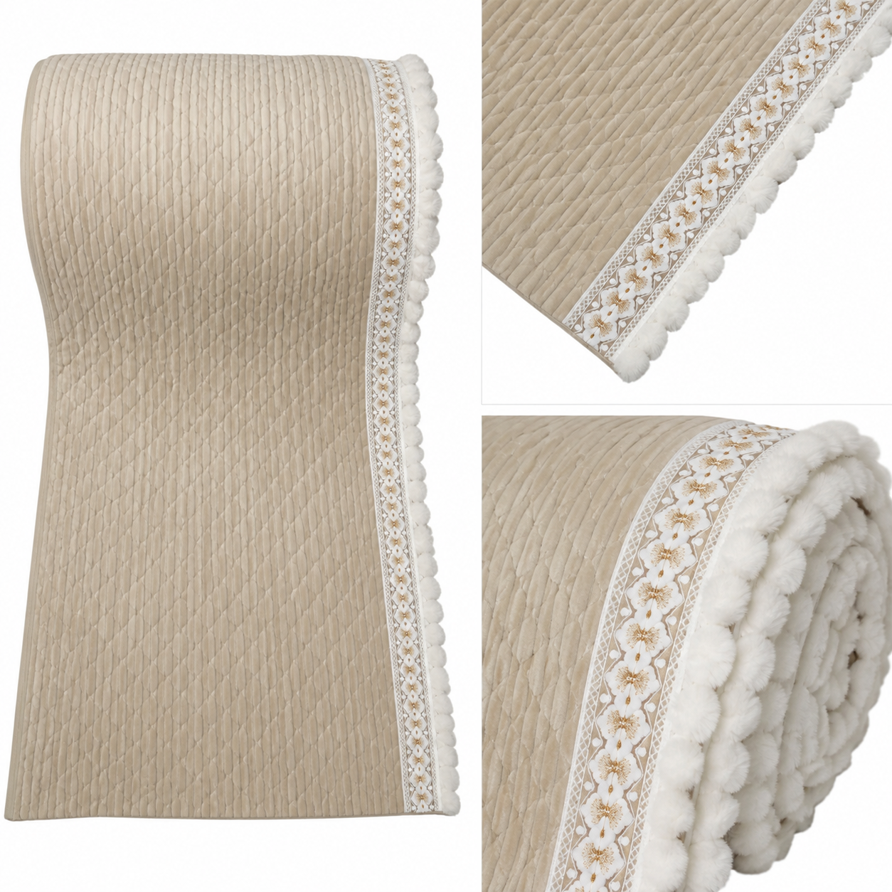 Classic Beige Corduroy Textured Sofa Cover with Pom-Pom Lace (Beige) 27 inch