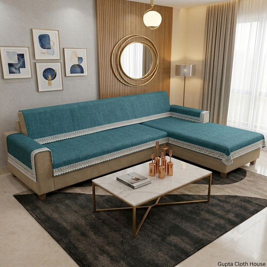 Elegant Teal Blue Textured Sofa Cover with Floral Lace Border (Teal Blue) 27 inch