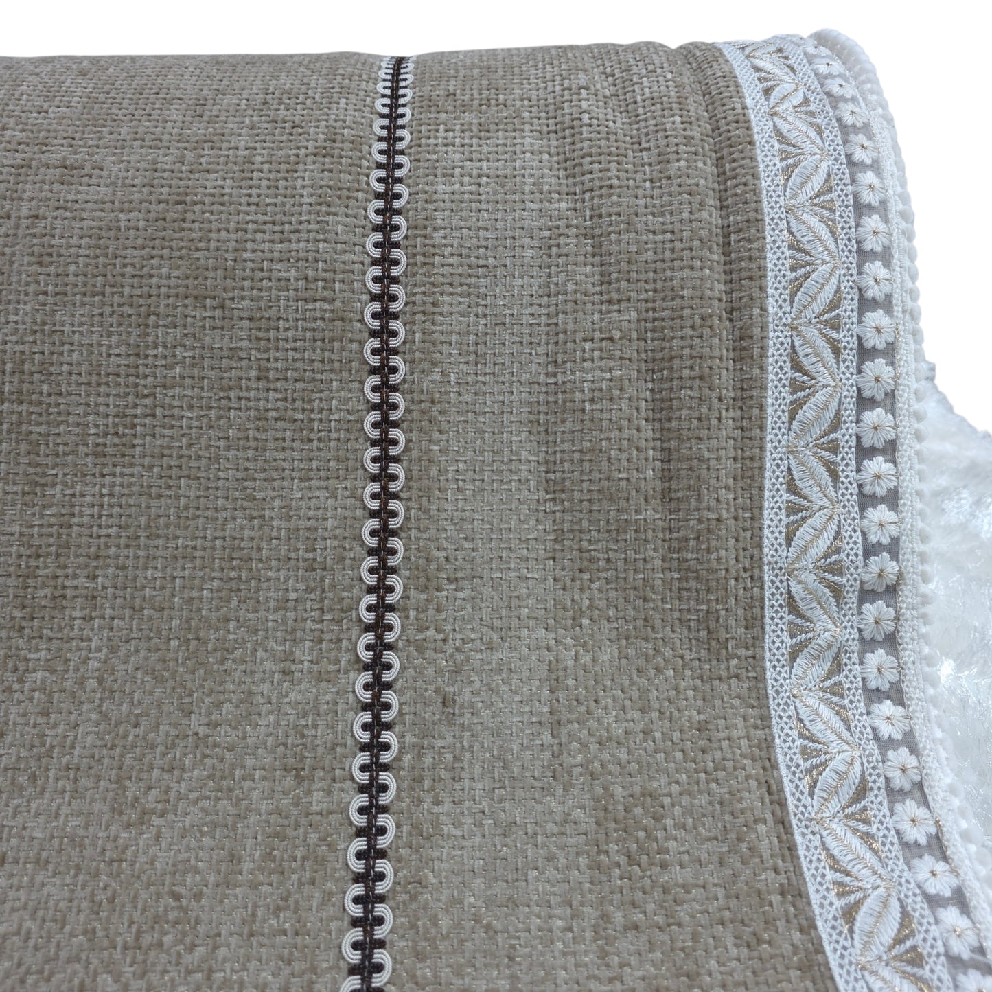 36 Inch Linen-Textured Beige Sofa Cover with Embroidered Lace Border