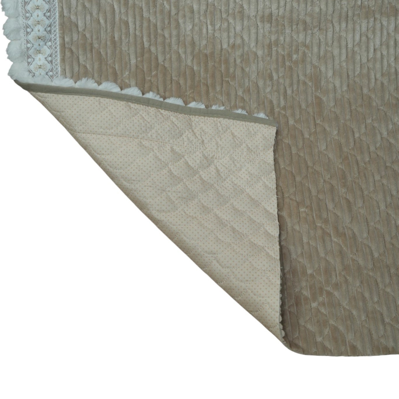 Classic Beige Corduroy Textured Sofa Cover with Pom-Pom Lace (Beige) 27 inch