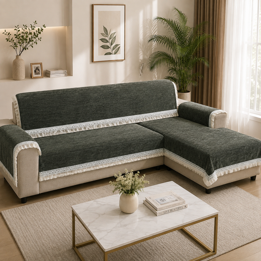 The Regal Brushed Velvet & Embroidered Lace Sofa Cover 27 Inch (Dark Olive Green)